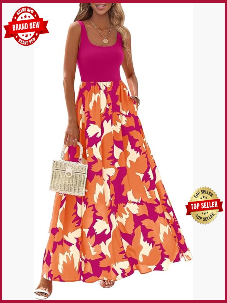 Sleeveless Scoop Neck Floral Maxi Dress With Pockets A Line